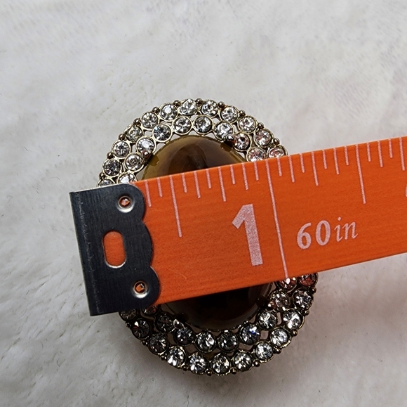 Tigers Eye Stone Ring Oval with Clear Crystal Rhinestones Stretchy Band - Picture 10 of 12